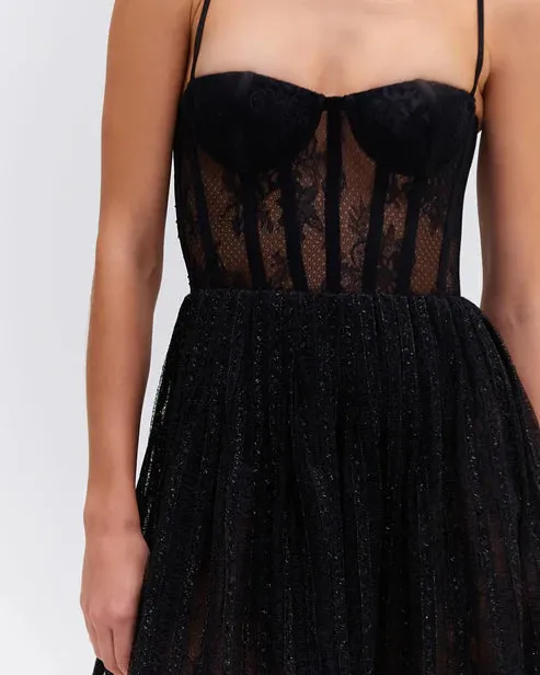 Lurex Tulle Bustier Midi Dress - Black