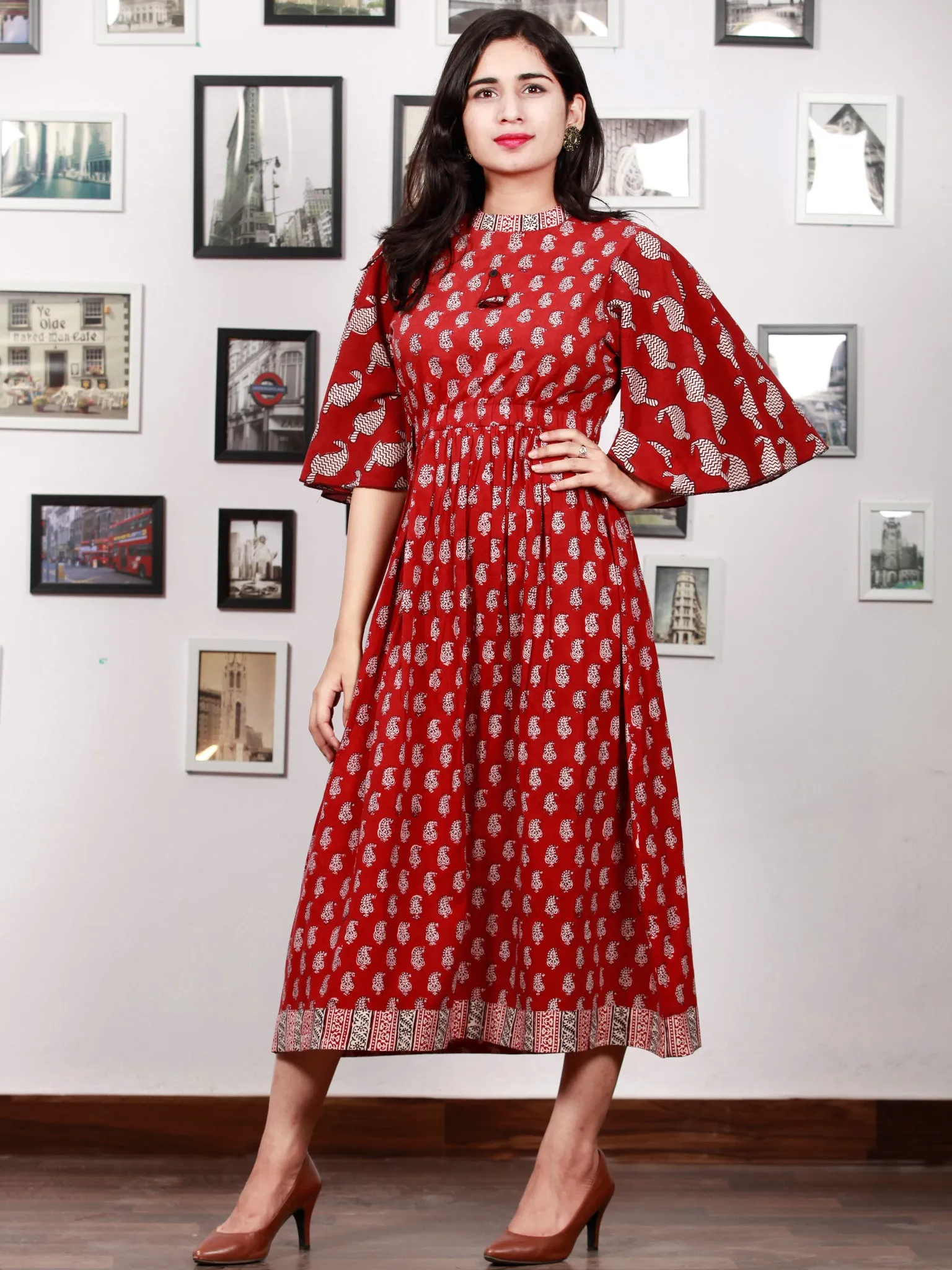 Maroon Beige Black Bagh Printed Cotton  Dress With Bell Sleeves - D301F1695