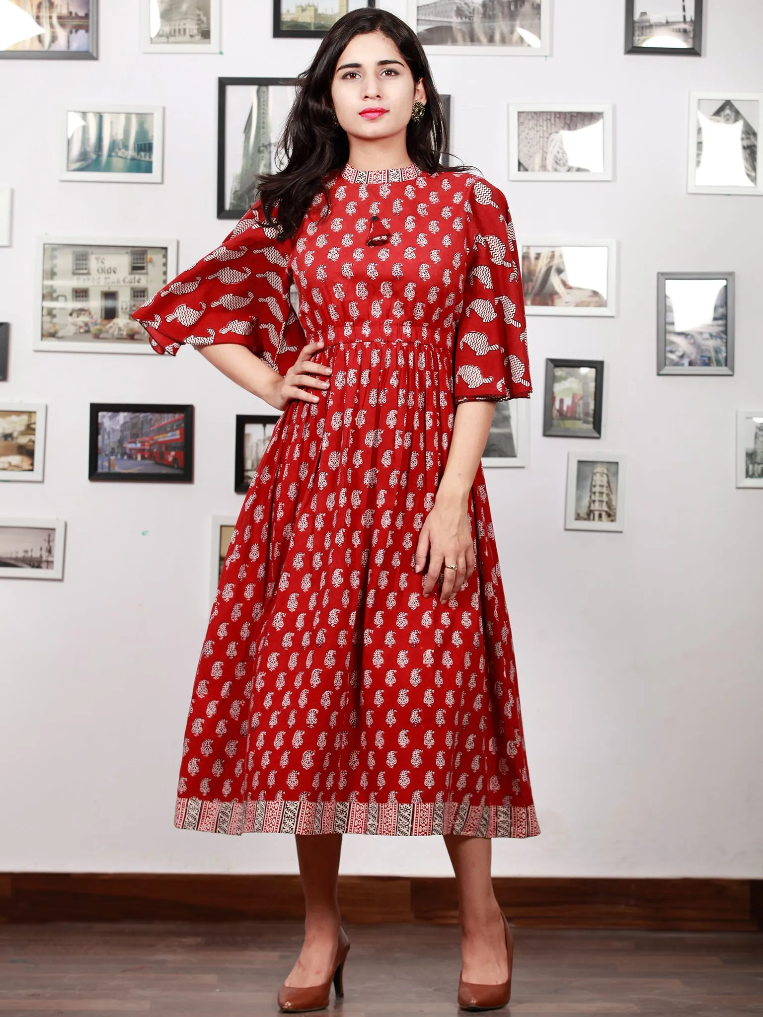 Maroon Beige Black Bagh Printed Cotton  Dress With Bell Sleeves - D301F1695