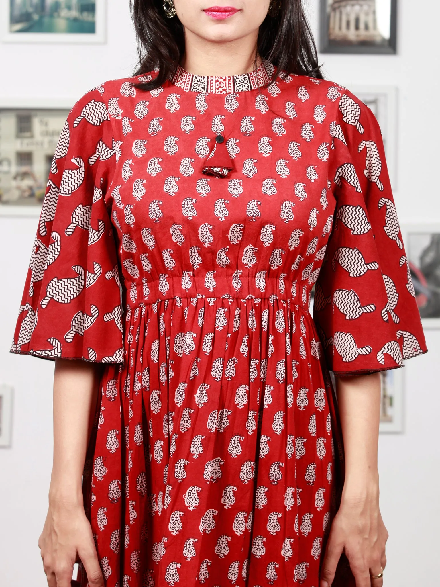 Maroon Beige Black Bagh Printed Cotton  Dress With Bell Sleeves - D301F1695