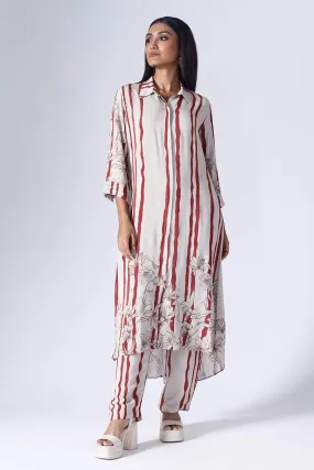 Maroon Floral Stripe Long Tunic & Pant Set