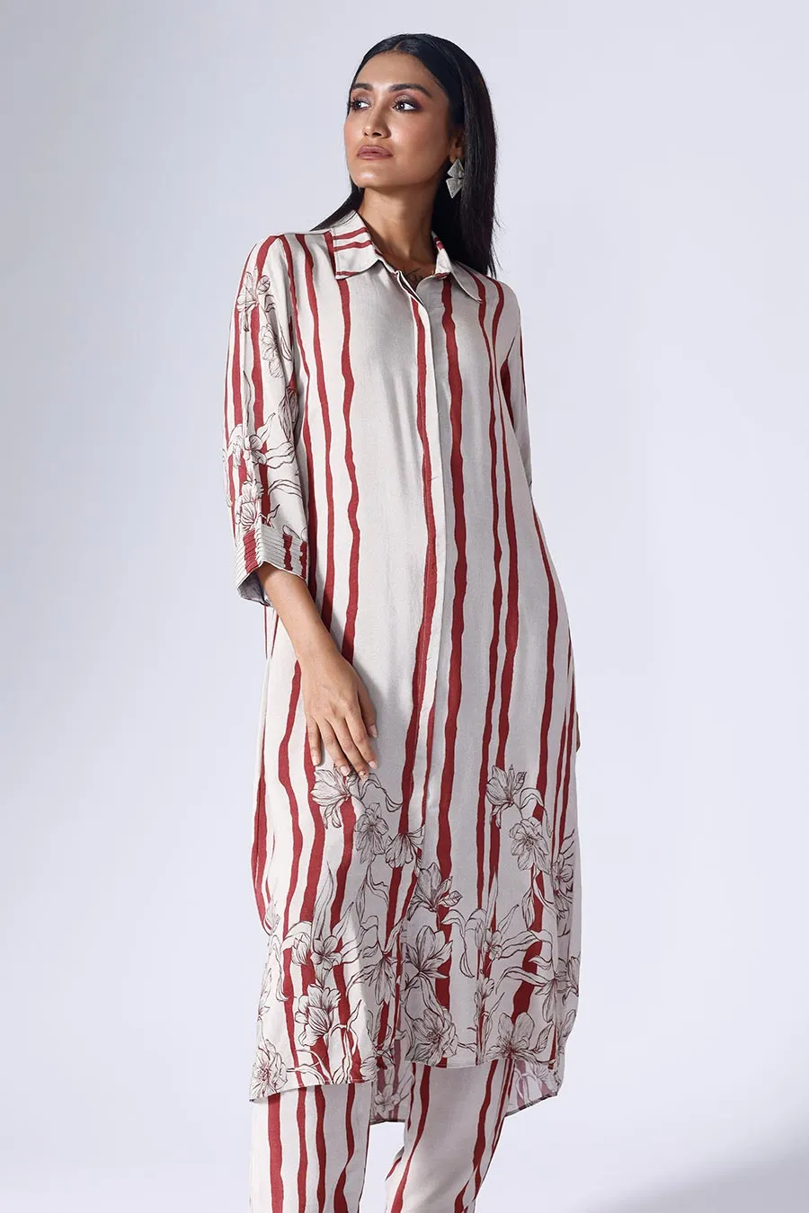 Maroon Floral Stripe Long Tunic & Pant Set