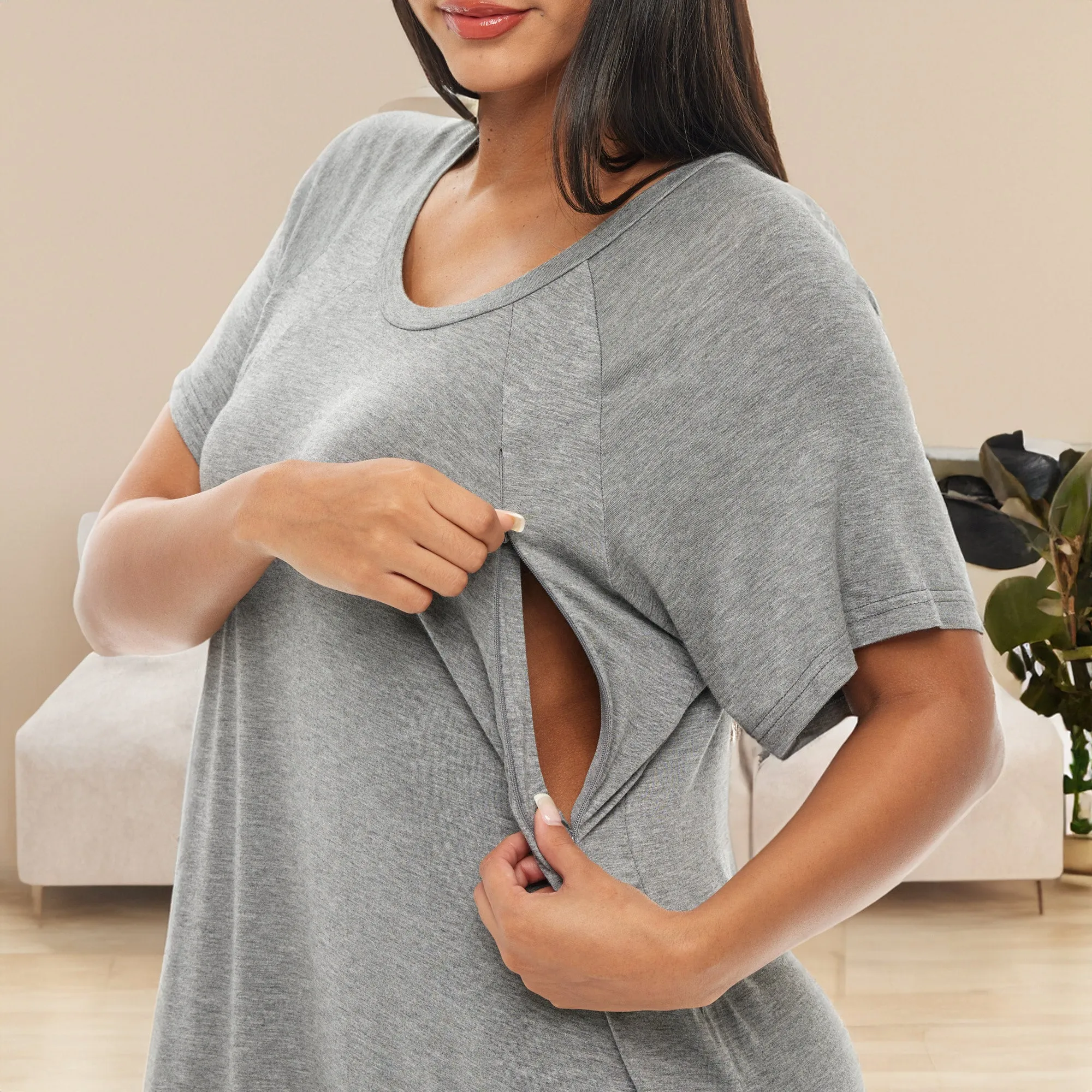 Maternity Breastfeeding Nightshirt, Nightgown with Zipper for Nursing, Sleep Shirt Pajama Top