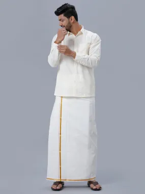 Men Cream Single 1/2" inch Gold Jari Dhoti with Cotton Full Sleeves Shirt Combo