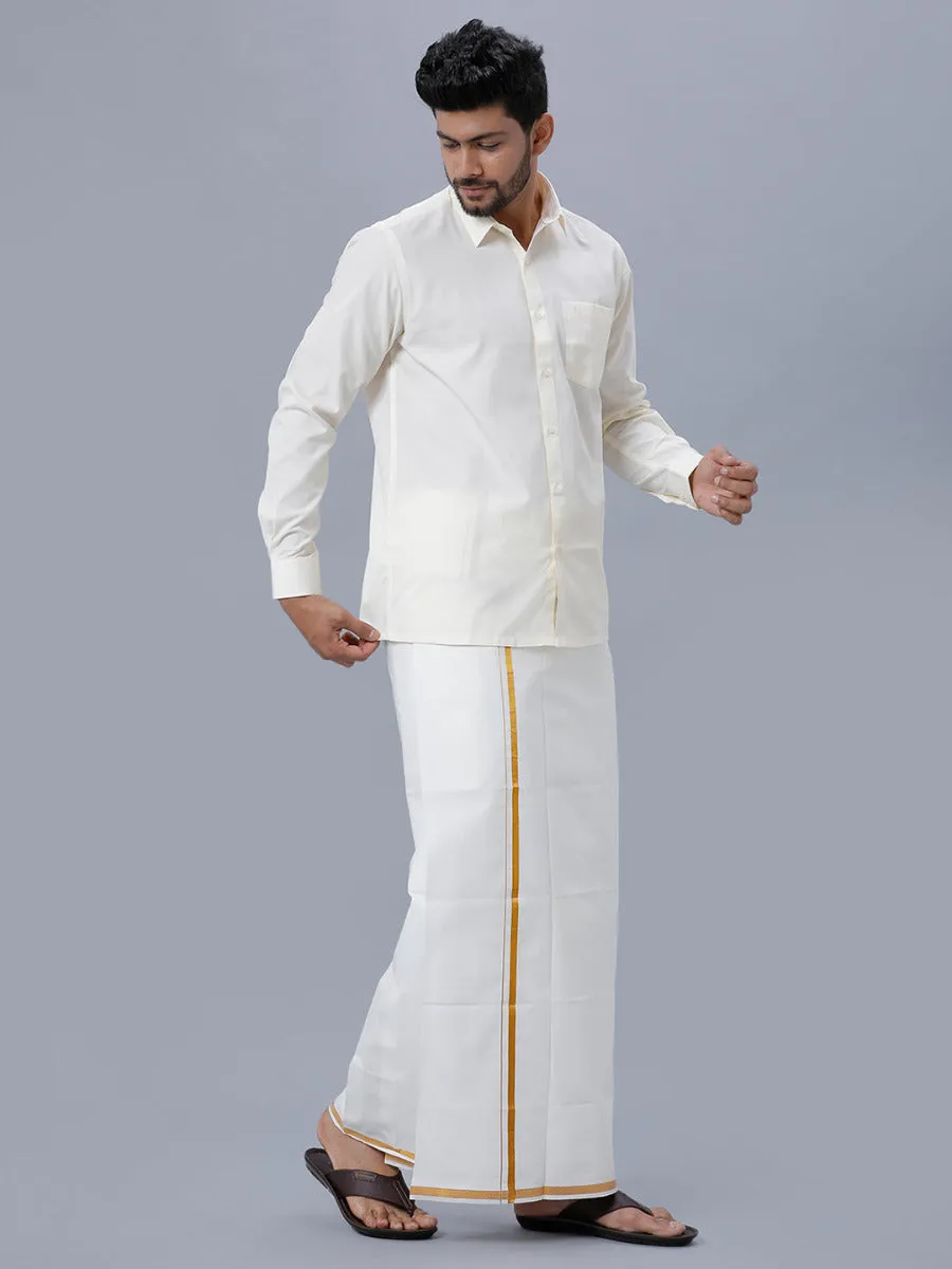 Men Cream Single 1/2" inch Gold Jari Dhoti with Cotton Full Sleeves Shirt Combo