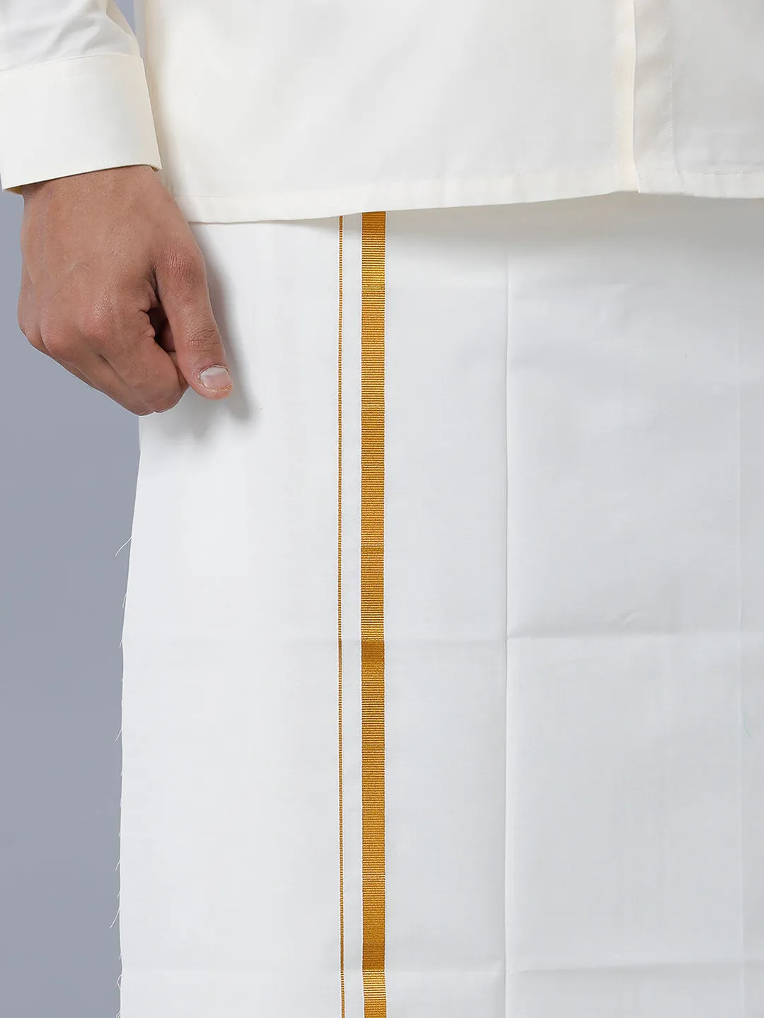 Men Cream Single 1/2" inch Gold Jari Dhoti with Cotton Full Sleeves Shirt Combo