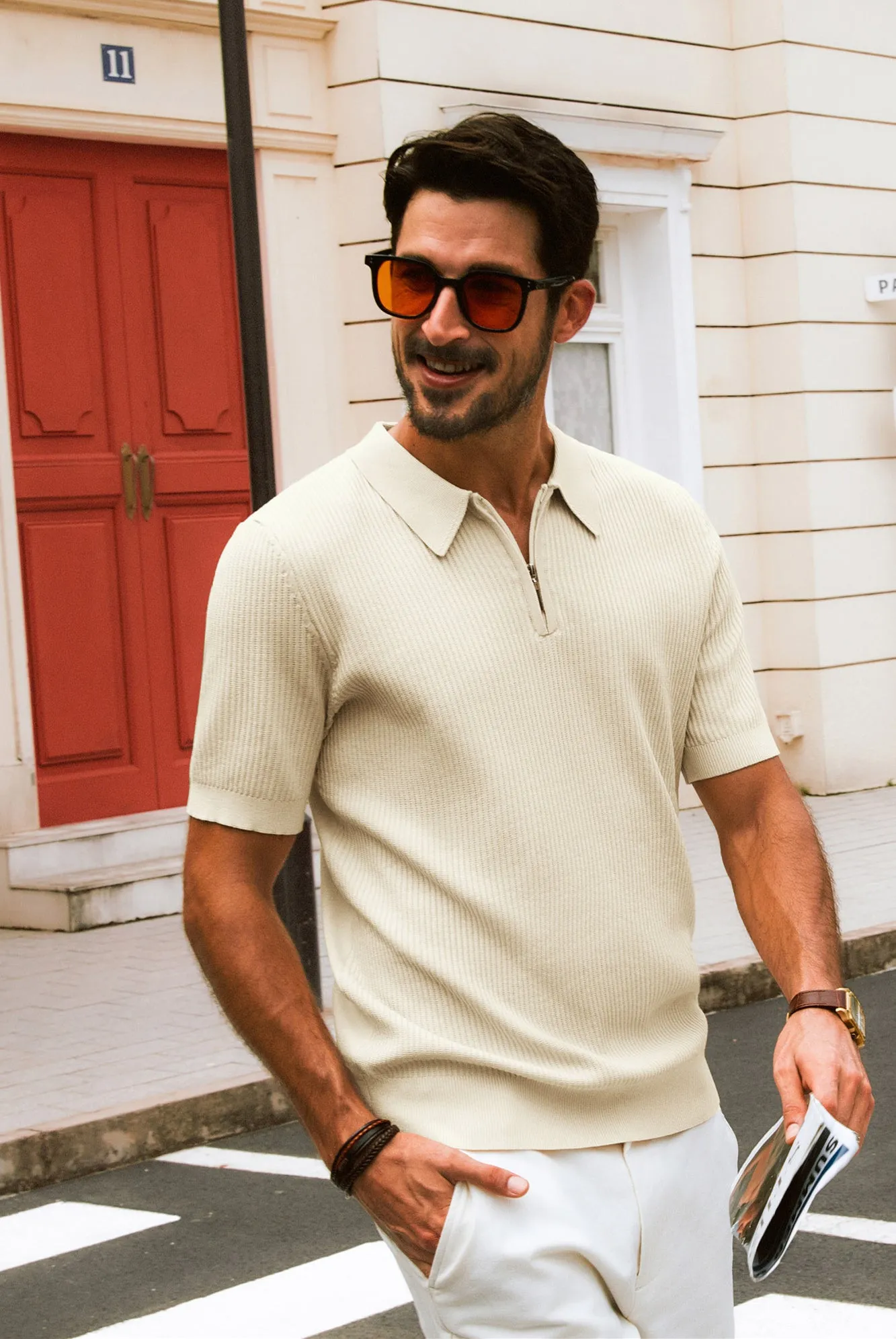 Men Textured Knitted Polo-Shirt Short Sleeve Lapel Collar Zip-up Neck Tops