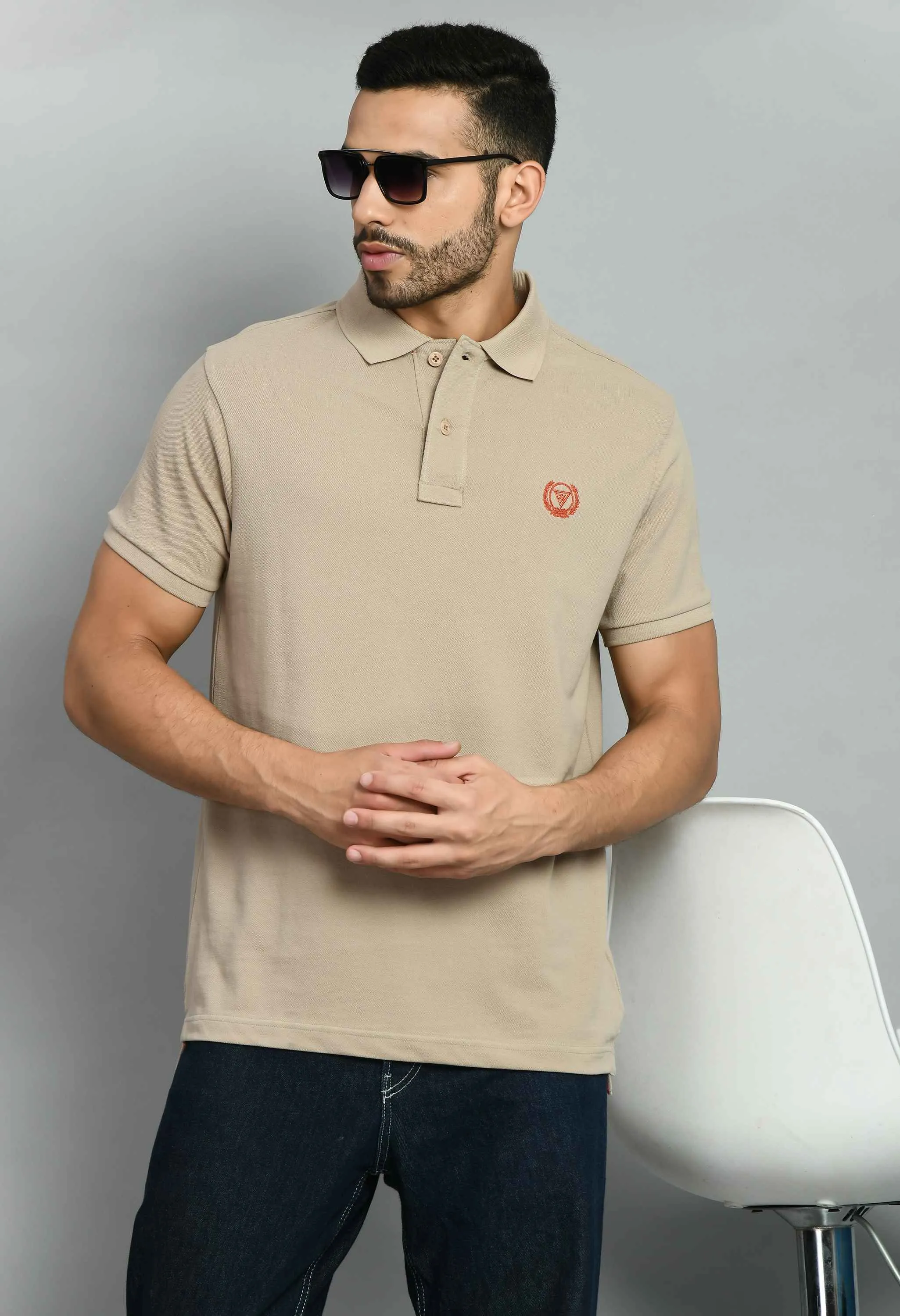 Men's Solid Beige Smart Fit Polo T-Shirt