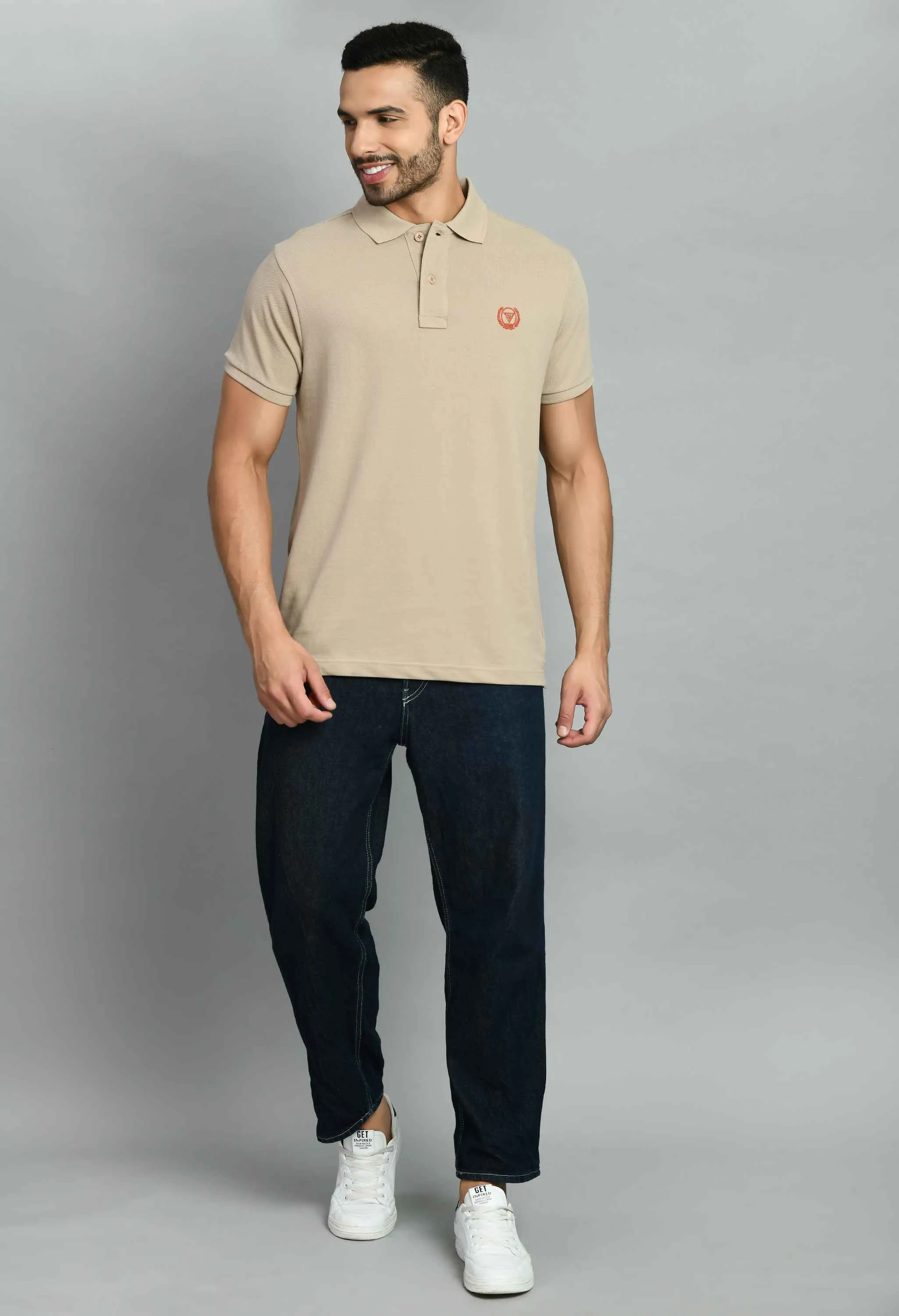 Men's Solid Beige Smart Fit Polo T-Shirt