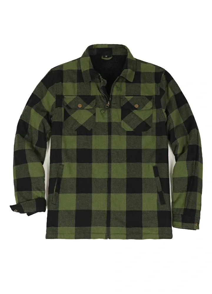 Men's Warm Sherpa Fleece Lined Full Zip Up Plaid Flannel Shirt Jacket