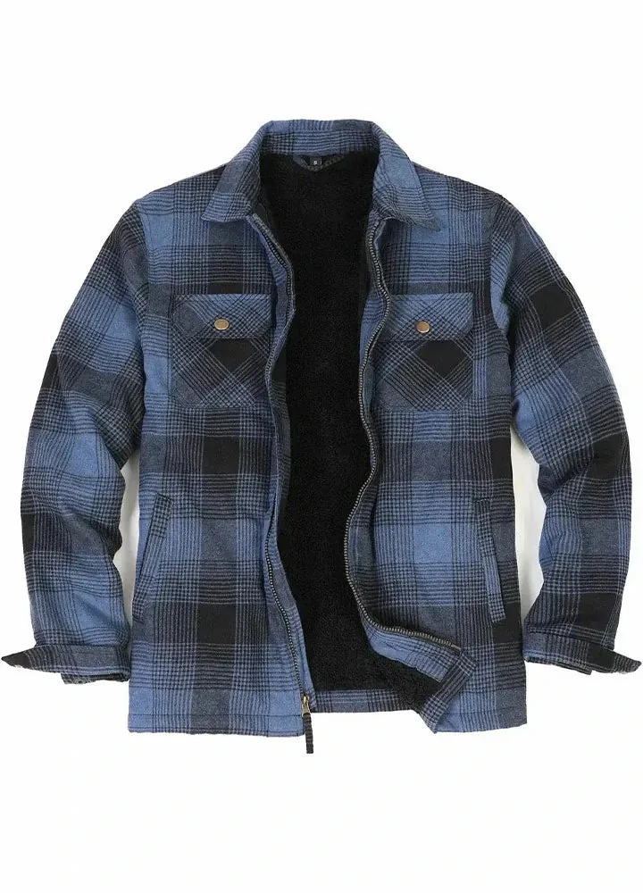 Men's Warm Sherpa Fleece Lined Full Zip Up Plaid Flannel Shirt Jacket