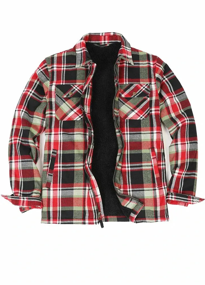 Men's Warm Sherpa Fleece Lined Full Zip Up Plaid Flannel Shirt Jacket