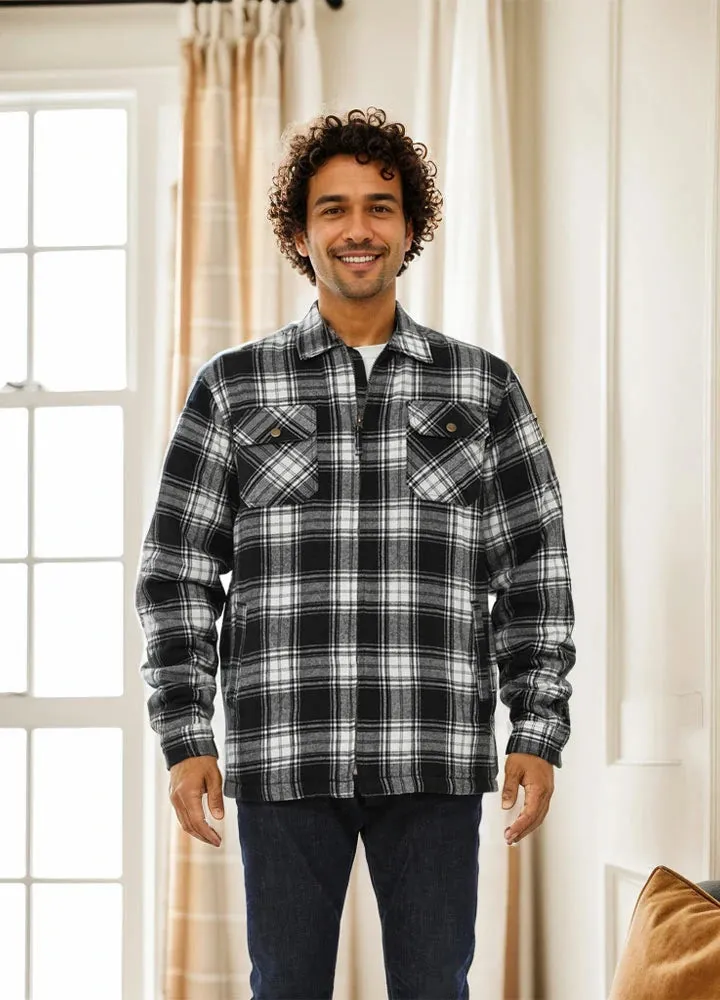 Men's Warm Sherpa Fleece Lined Full Zip Up Plaid Flannel Shirt Jacket