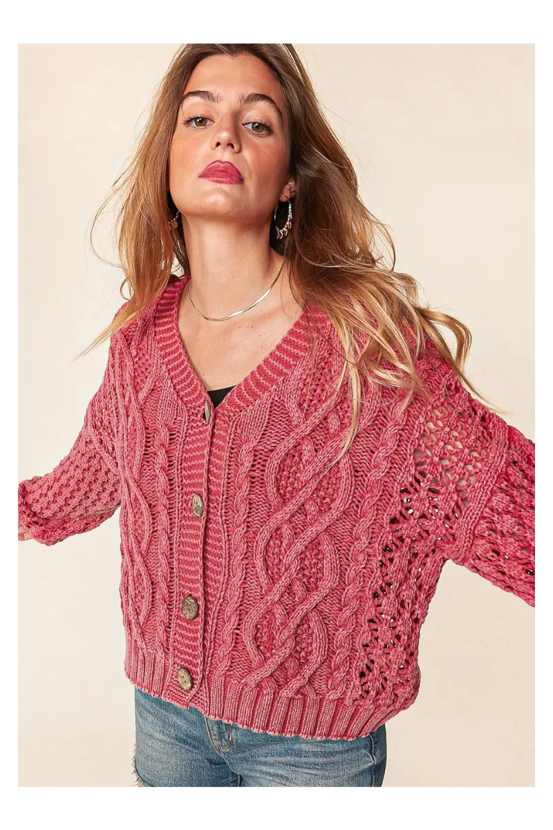 Mineral Washed Curvy Cardigan in Santa Red