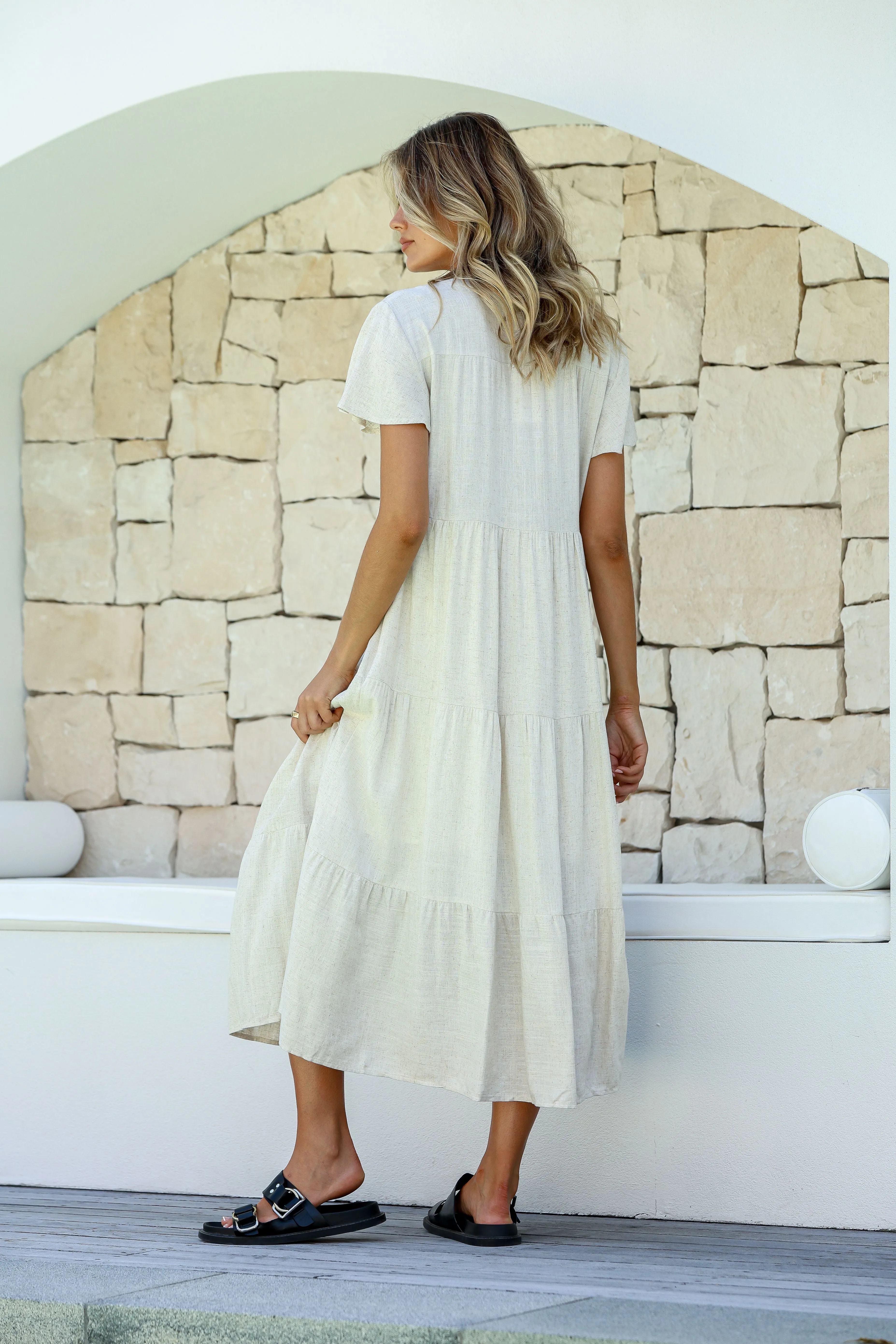 Miss Marlow - Linen Button Tier Midi Dress - Natural