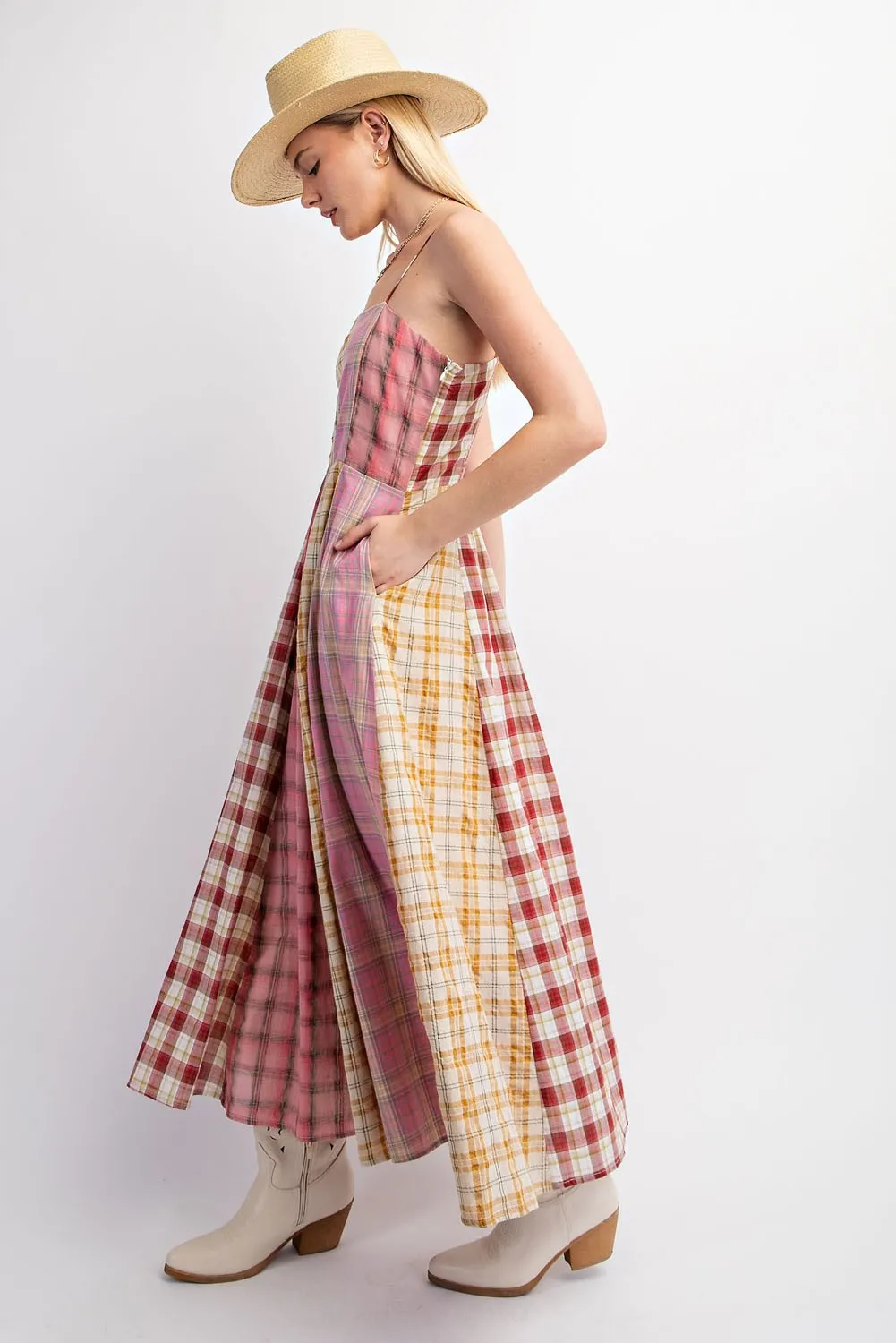 Mixed Patterned Checkered Midi Dress (Pink)