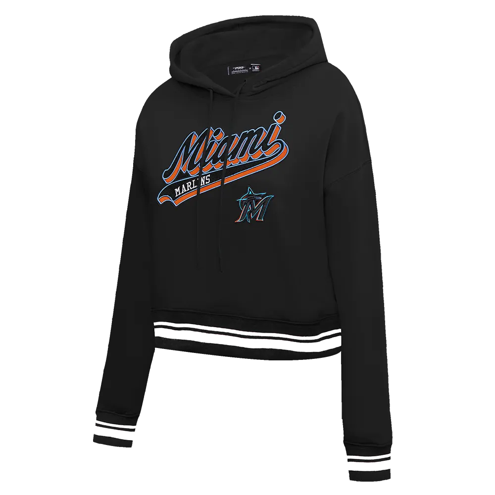 MLB MIAMI MARLINS SCRIPT TAIL WOMEN'S RIB FLC CROPPED PO HOODIE (BLACK)