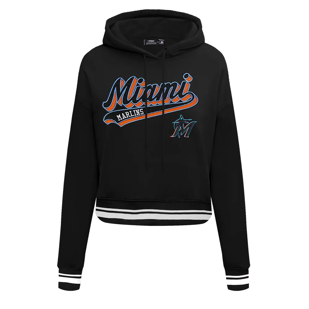 MLB MIAMI MARLINS SCRIPT TAIL WOMEN'S RIB FLC CROPPED PO HOODIE (BLACK)