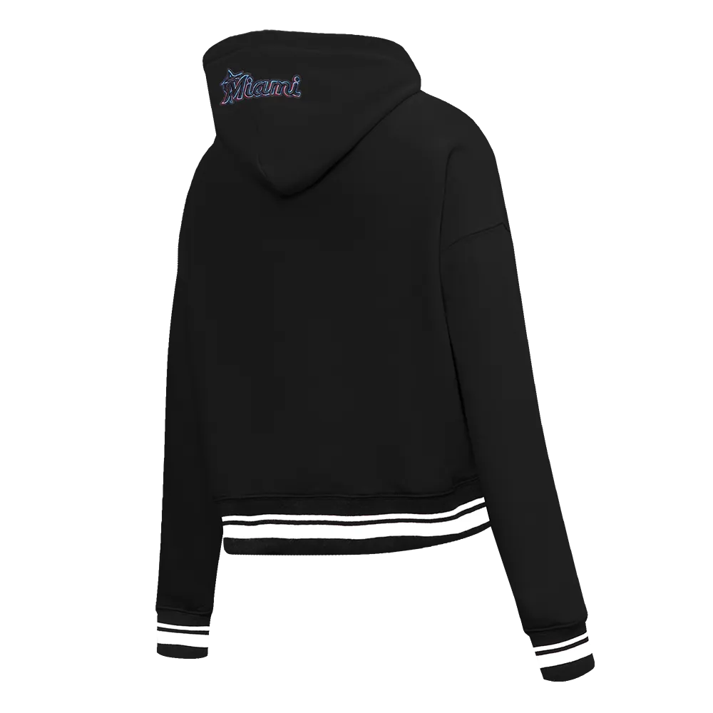 MLB MIAMI MARLINS SCRIPT TAIL WOMEN'S RIB FLC CROPPED PO HOODIE (BLACK)