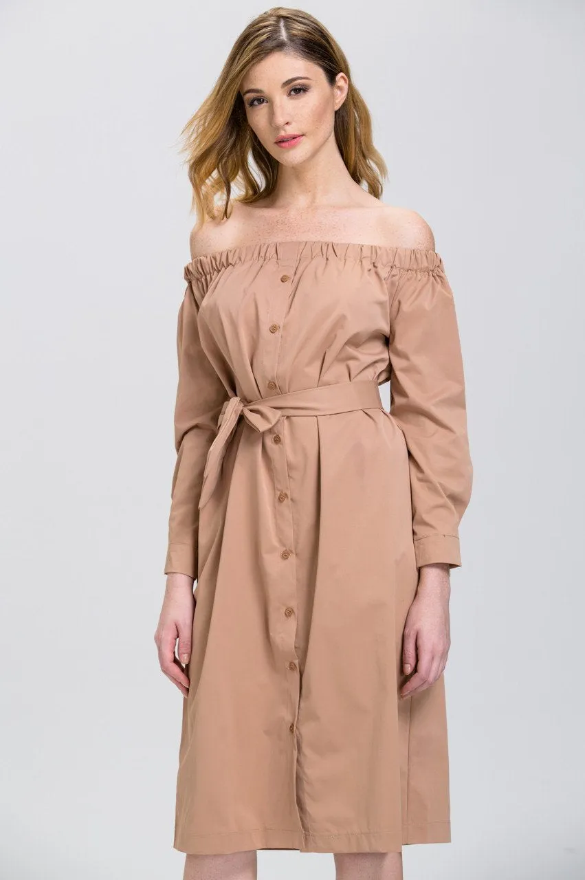 Mocha Sleeved Off the Shoulder Button Down Midi Dress