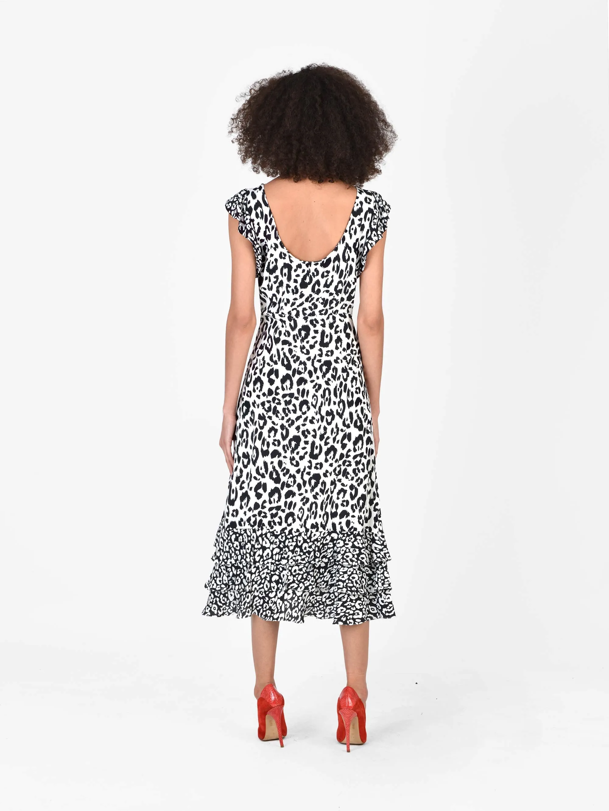 Mono Animal Ruffle Shoulder Midi Dress