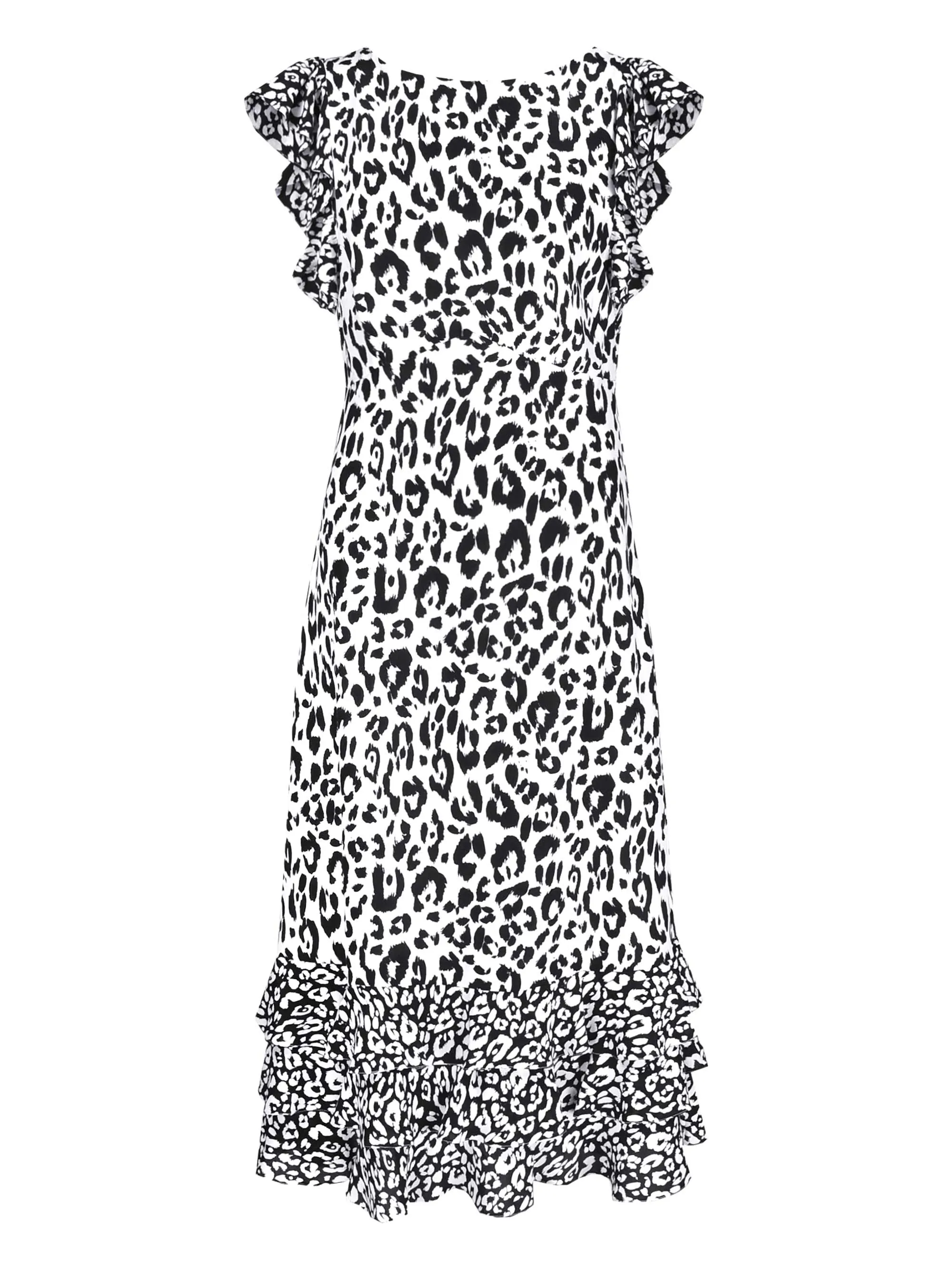 Mono Animal Ruffle Shoulder Midi Dress