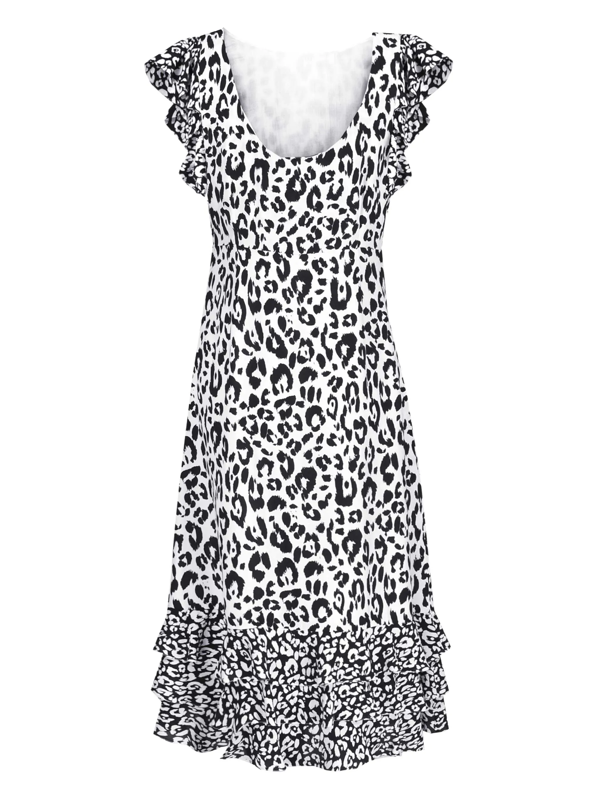 Mono Animal Ruffle Shoulder Midi Dress