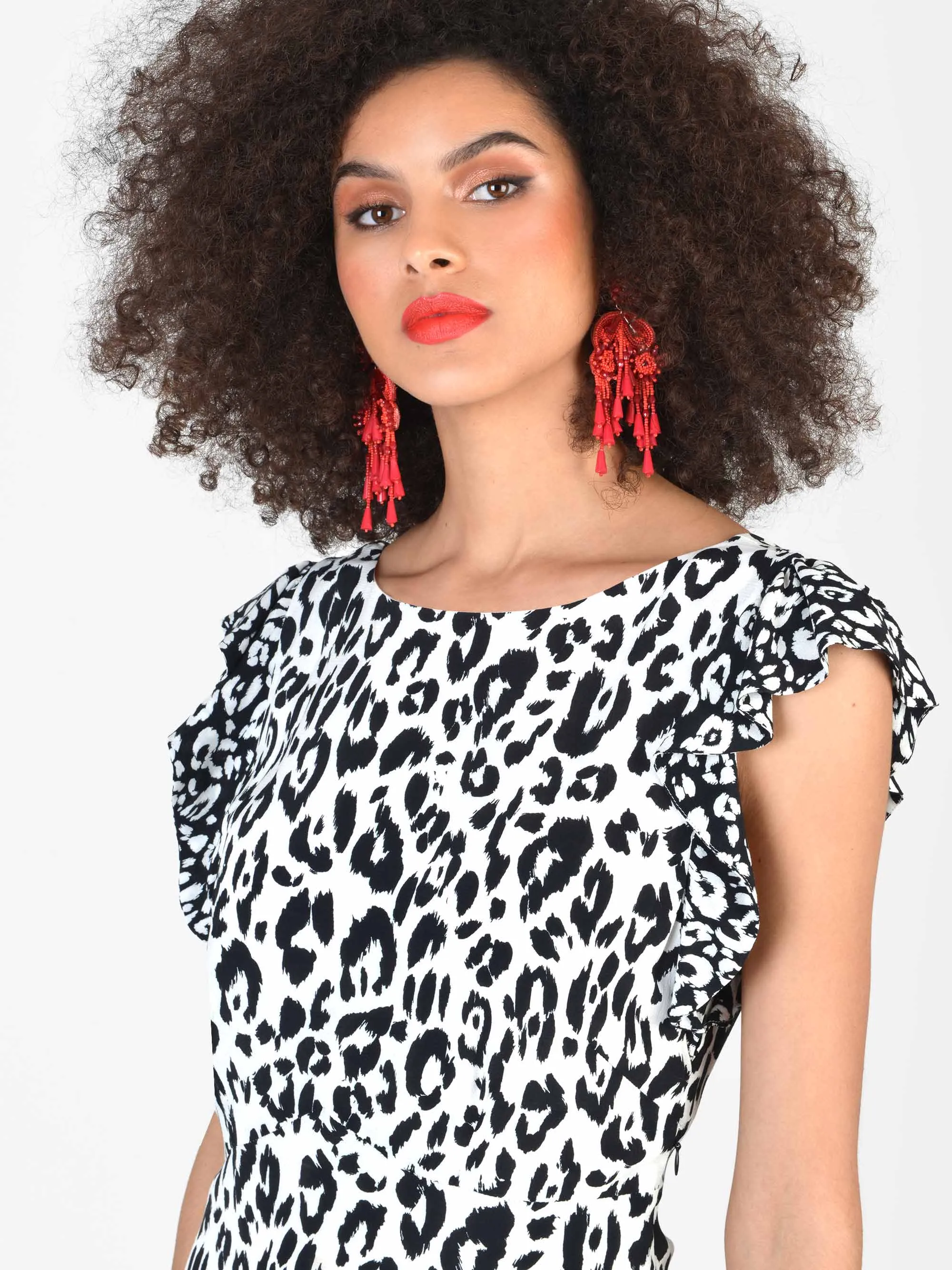 Mono Animal Ruffle Shoulder Midi Dress