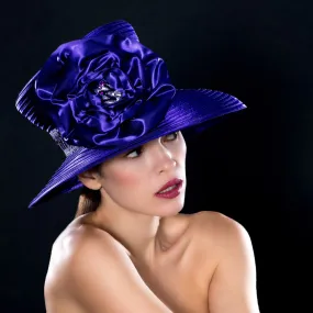 NA0044- Purple satin wide brim church dress hat with sequin trim