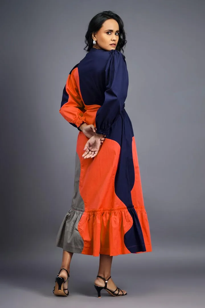 NAVY BLUE ORANGE MAXI SHIRT DRESS