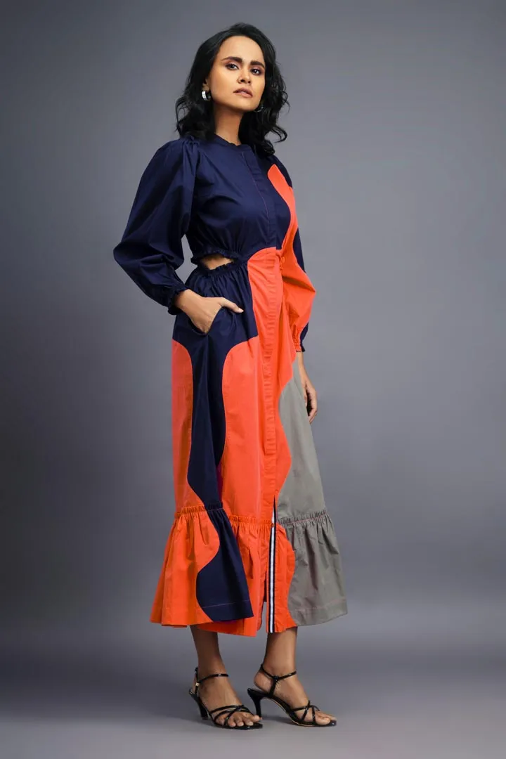 NAVY BLUE ORANGE MAXI SHIRT DRESS