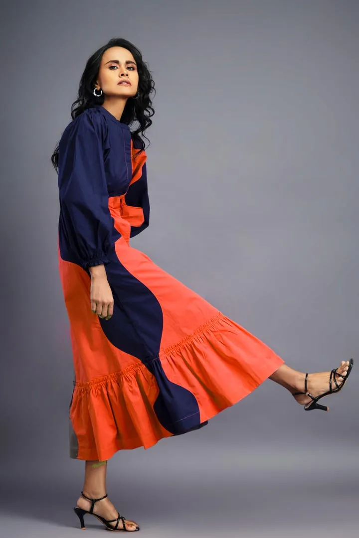 NAVY BLUE ORANGE MAXI SHIRT DRESS