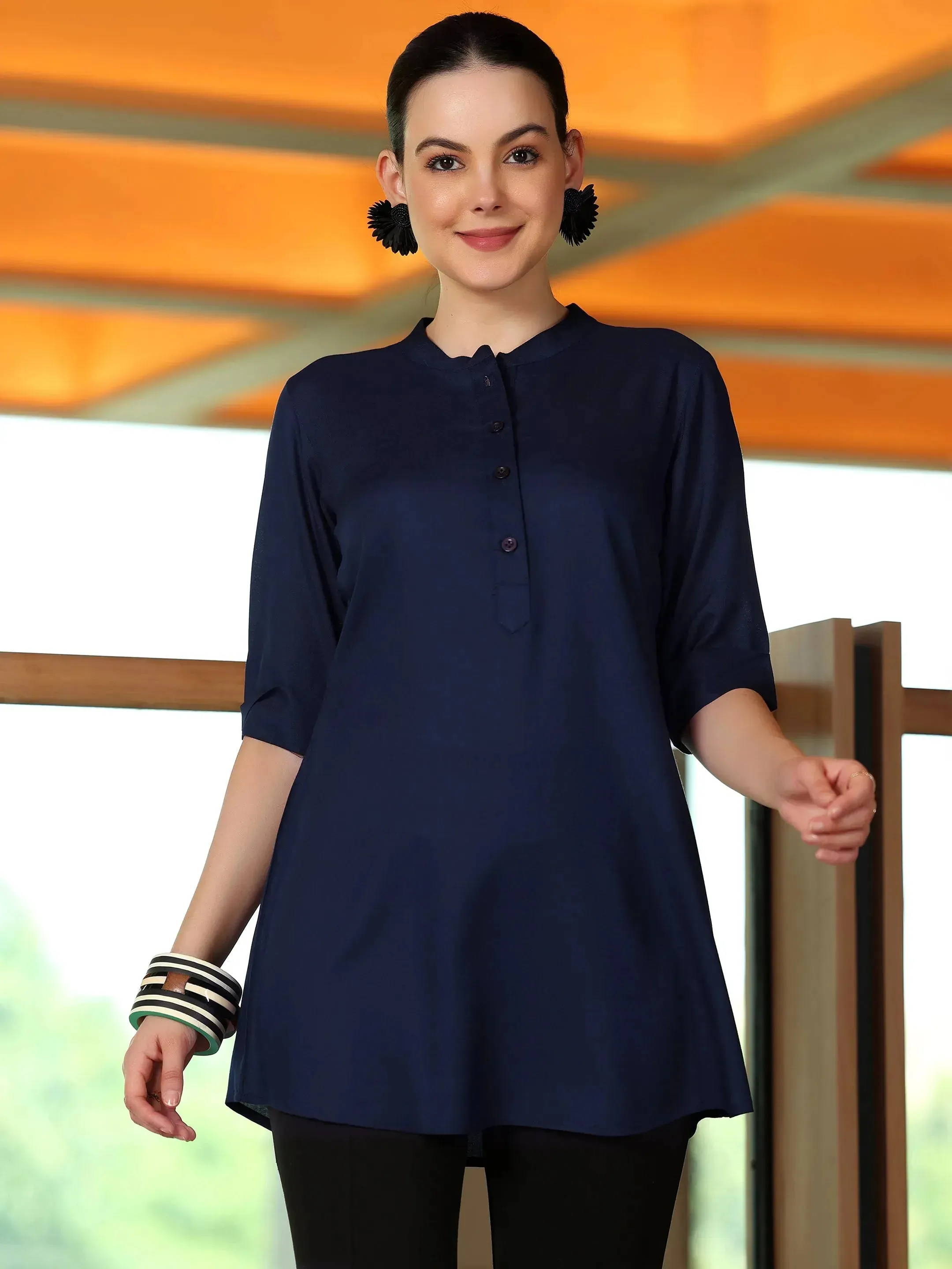 Navy Solid Rayon Straight Tunic