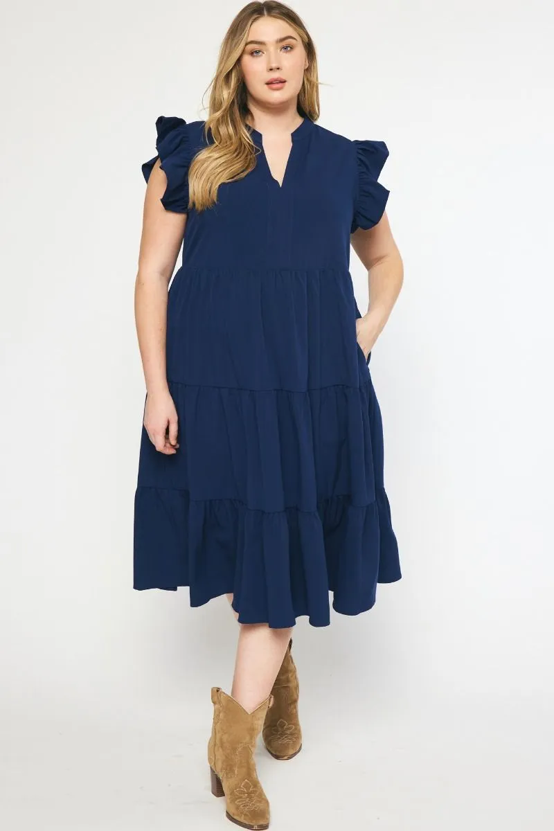 Navy V-Neck Tiered Midi Dress