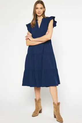 Navy V-Neck Tiered Midi Dress