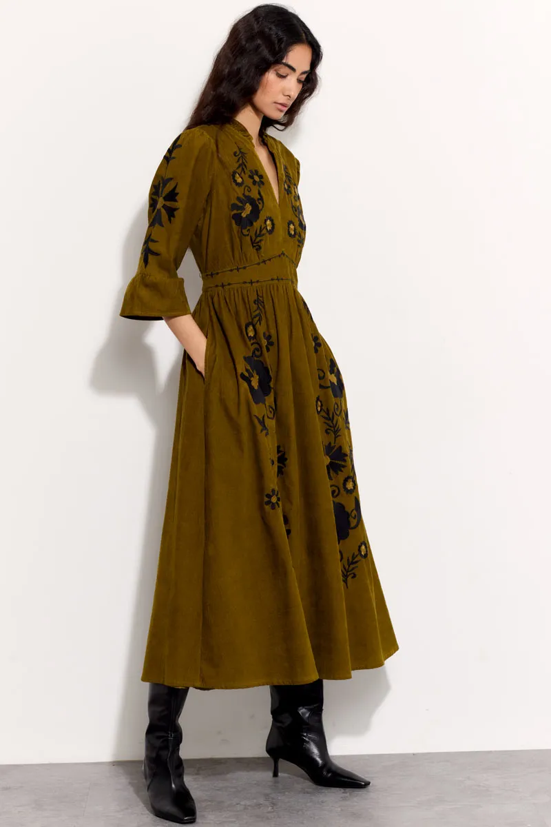 Odelia Embroidered Corduroy Midi Dress