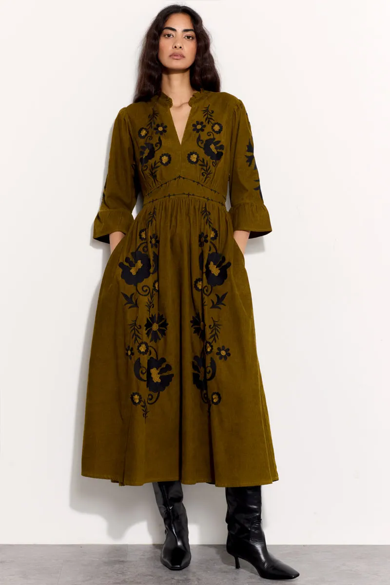 Odelia Embroidered Corduroy Midi Dress