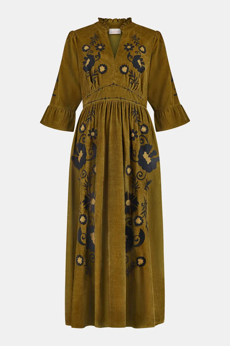 Odelia Embroidered Corduroy Midi Dress