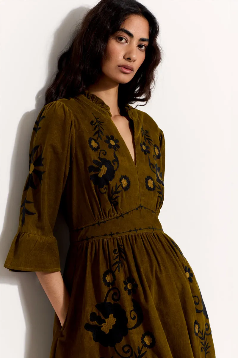 Odelia Embroidered Corduroy Midi Dress