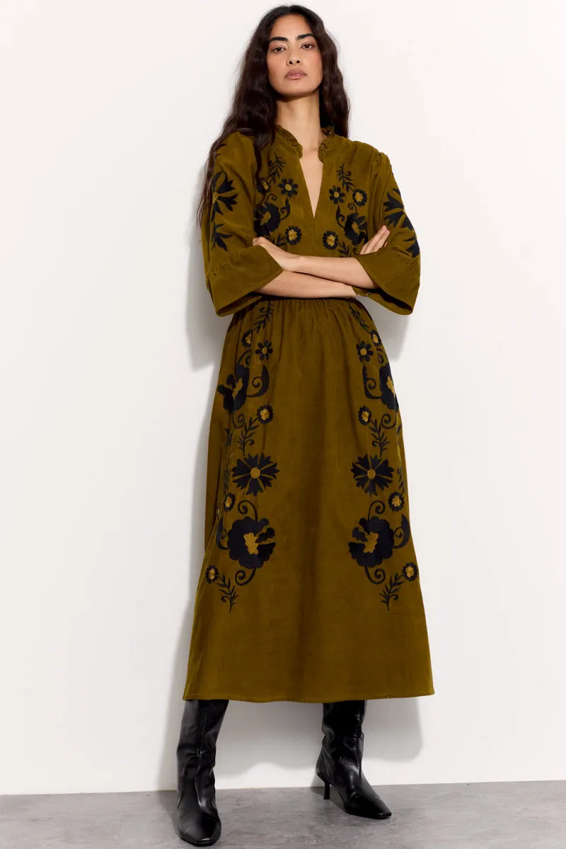 Odelia Embroidered Corduroy Midi Dress