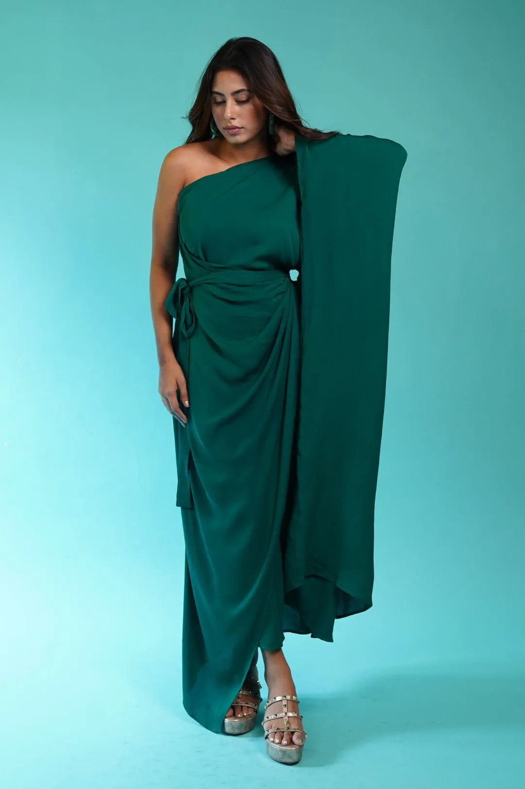 One Shoulder Emerald Green Kaftan Dress