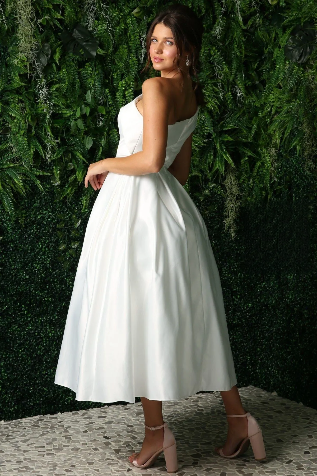 Open Back Strap Satin One Shoulder Midi Wedding Dress NXJE931W Sale