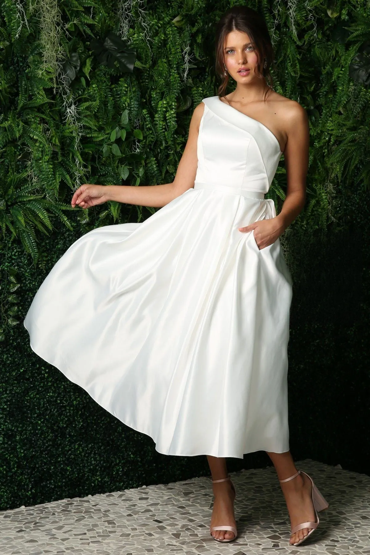 Open Back Strap Satin One Shoulder Midi Wedding Dress NXJE931W Sale