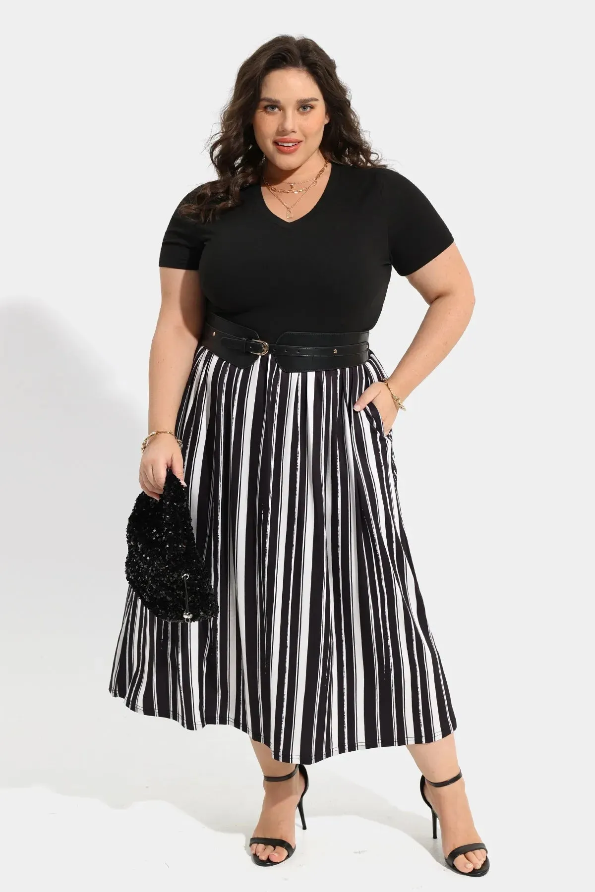 Patchwork Striped Midi Dress with Pockets