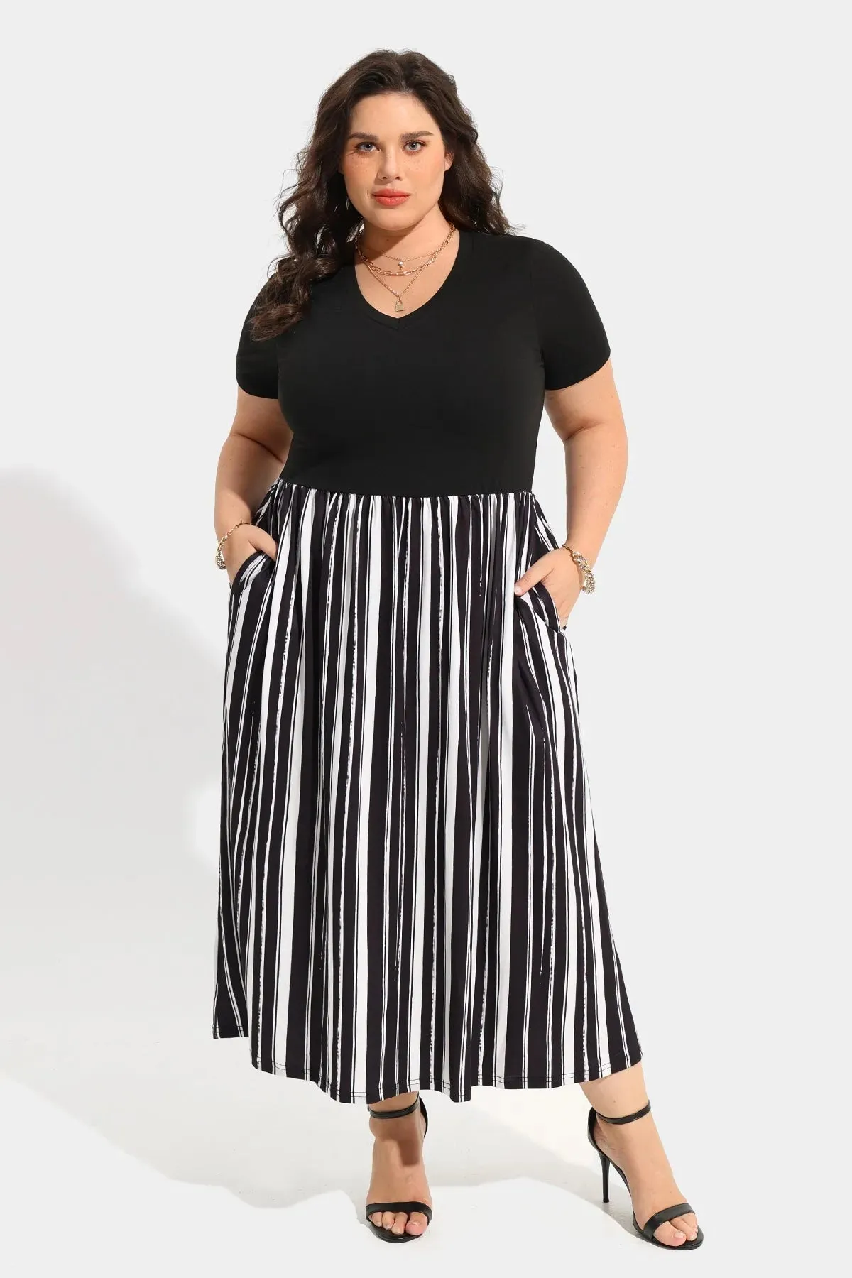 Patchwork Striped Midi Dress with Pockets