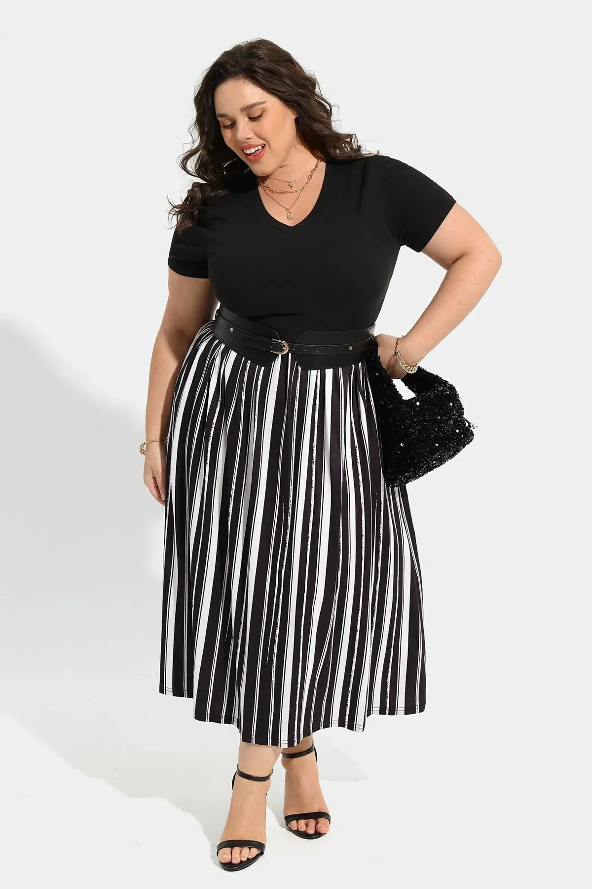 Patchwork Striped Midi Dress with Pockets