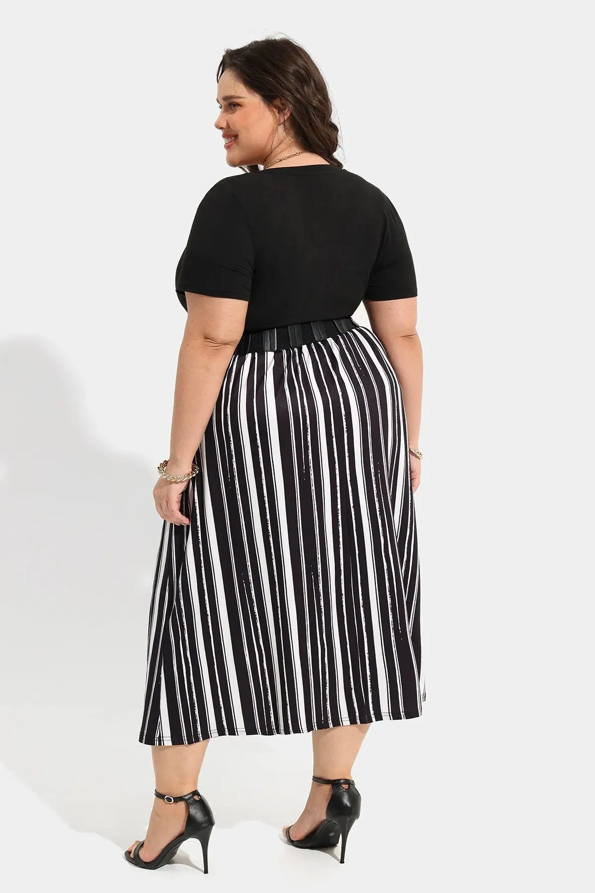 Patchwork Striped Midi Dress with Pockets