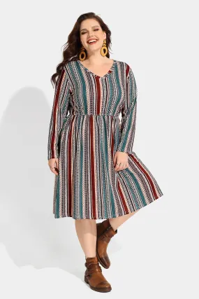 Patchwork Striped Pocket Midi Dress