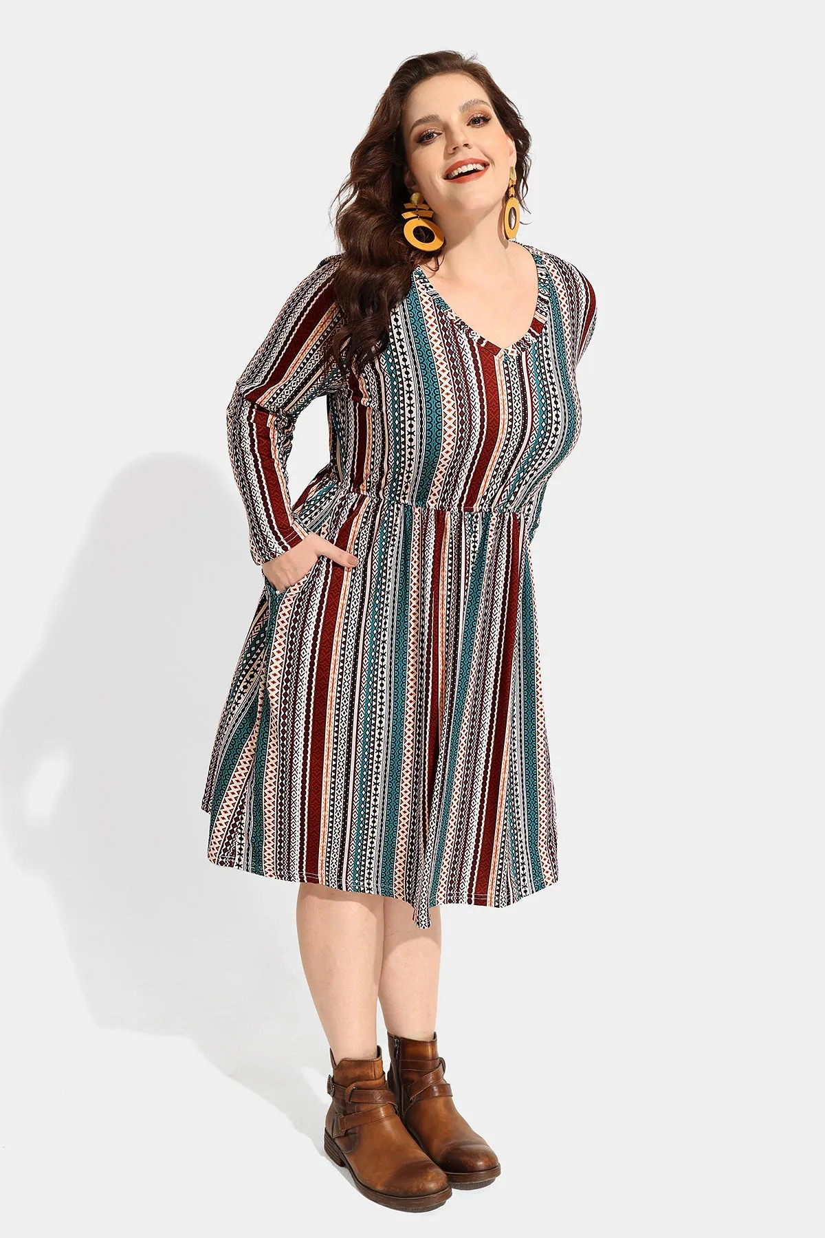 Patchwork Striped Pocket Midi Dress