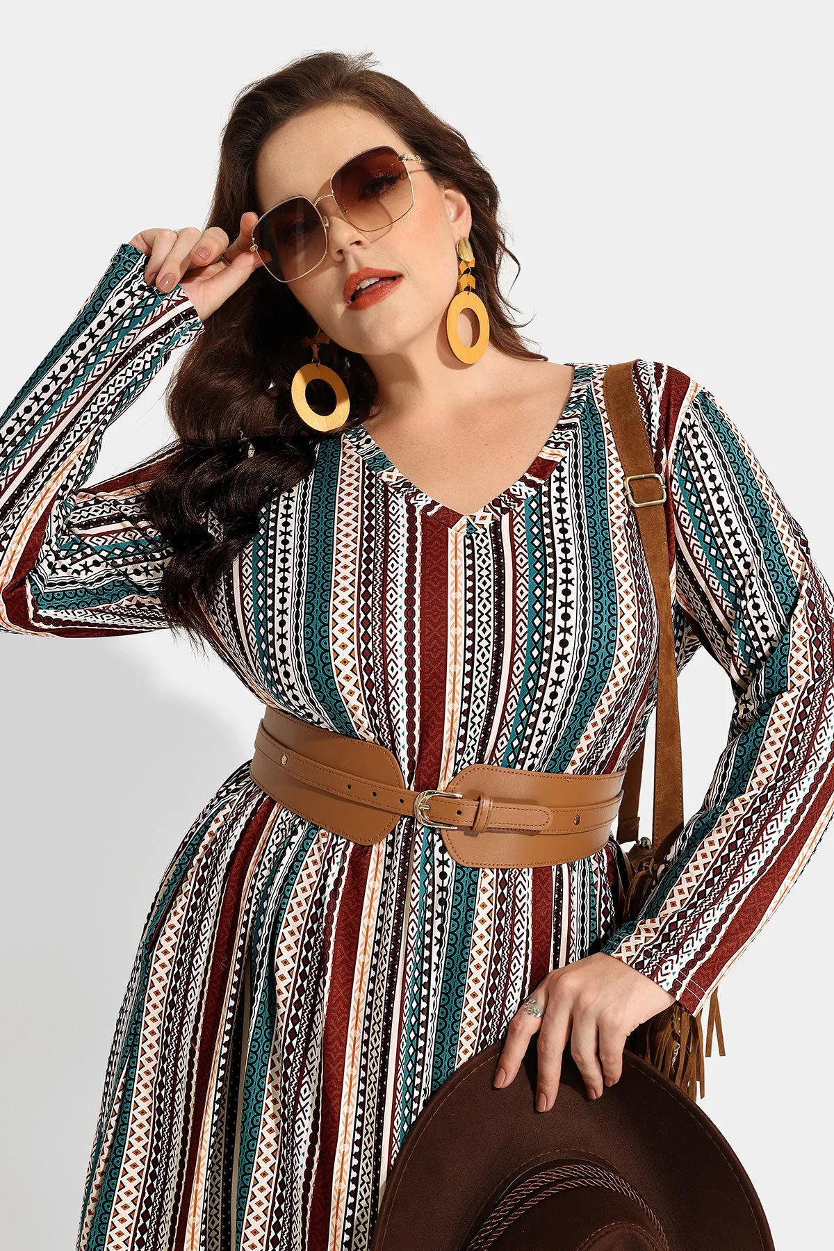 Patchwork Striped Pocket Midi Dress